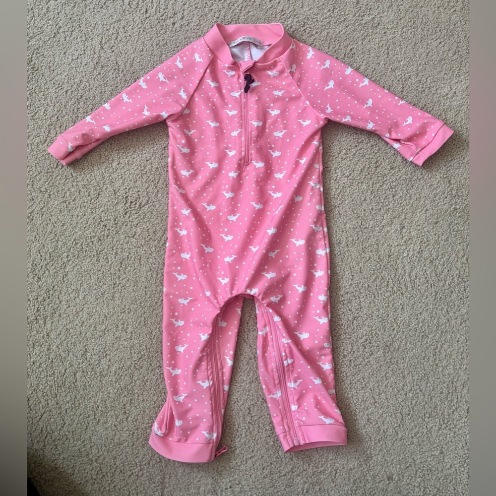 Pink Whale Print Baby One-Piece Rash Guard Swim Suit- 6-12 months